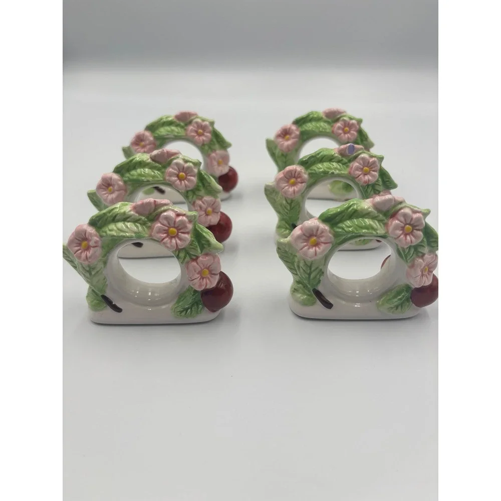 Vintage Ceramic Cherry Blossom Napkin Rings Set of 6‎ Prunus Avium Pink Floral